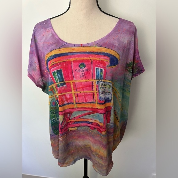 Leoma Lovegrove Tshirt Womens Lifeguard Beach Print Artwork Multi  Color XXL EUC - Picture 1 of 6